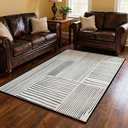 Area Rug 2.6x4 Feet Abstract Lines, Non-Slip Comfort Floor Mat Washable Rug Modern High Traffic Durable for Living Room, Bedroom, Home Office (Black White)