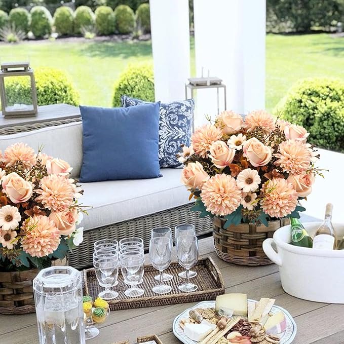 3 Pcs Fall Flowers Artificial Mums Silk Fake Mums Bouquet Faux Floral Arrangements Home Indoor Outdoor Planter Decor Party Wedding Table Autumn Decoration (Champagne)