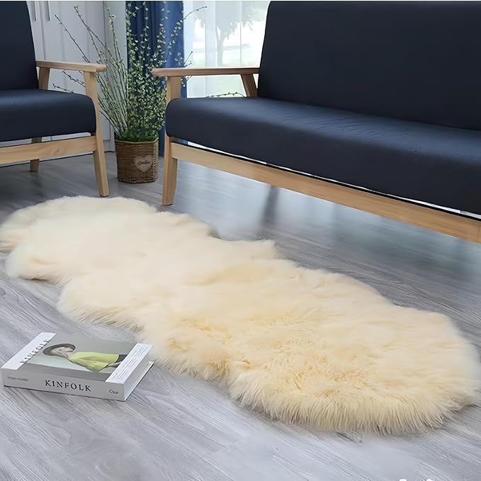 Faux Fur Rug Runner 2x6 ft Beige - Machine Washable Super Soft Plush Shaggy Fluffy Area Carpet,Sheepskin Rug Fuzzy Floor Mat for Bedroom, Sofa,Living Room, Bedside, Nursery & Kids Room