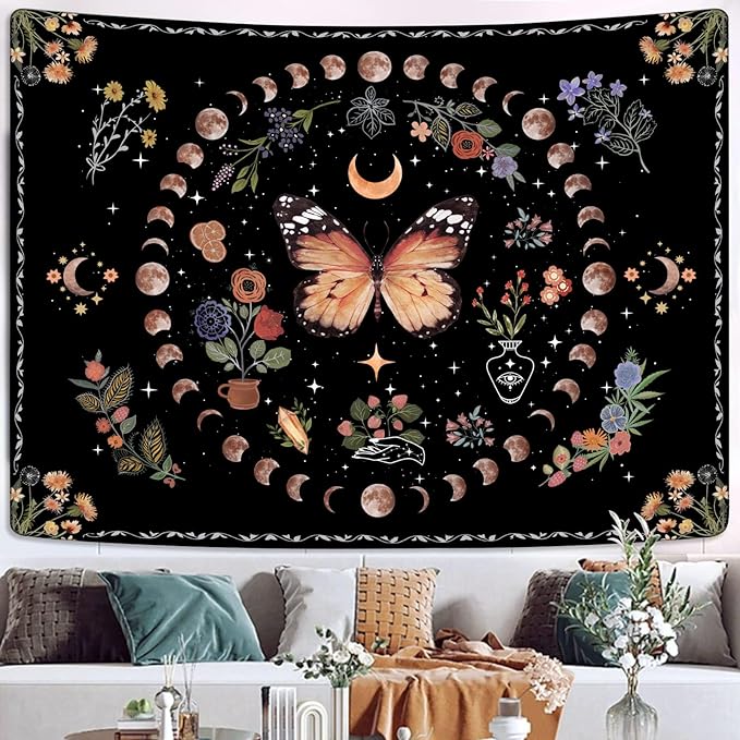 Fowocu Orange Butterfly Moon Flower Tapestry Boho Floral Plant Tapestries for Bedroom Aesthetic Tapastry's Wall Hanging Mandala Botanical Wall Tapestry for Living Room Dorm (Yellow, 60'' × 44'')