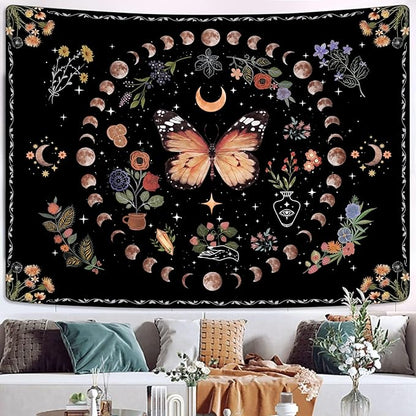 Fowocu Orange Butterfly Moon Flower Tapestry Boho Floral Plant Tapestries for Bedroom Aesthetic Tapastry's Wall Hanging Mandala Botanical Wall Tapestry for Living Room Dorm (Yellow, 60'' × 44'')