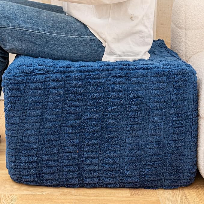 Round Plush Ottoman Pouf Stuffed– Fluffy Ottoman Foot Rest with Modern Foam Filler 20" x 14" Cozy Floor Pouf for Living Room & Bedroom (Navy Blue)