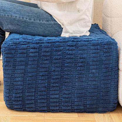 Round Plush Ottoman Pouf Stuffed– Fluffy Ottoman Foot Rest with Modern Foam Filler 20" x 14" Cozy Floor Pouf for Living Room & Bedroom (Navy Blue)