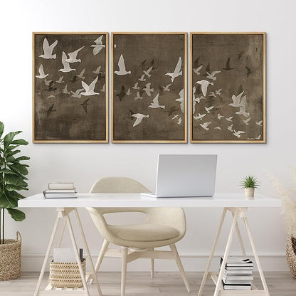 MUDECOR Framed Wall Art Print Set Flock of Abstract Birds in Flight Earthy Tones Illustrations Modern Art Boho Decorative Colorful Chic for Living Room, Bedroom, Office - 24"x36"x3 Natural