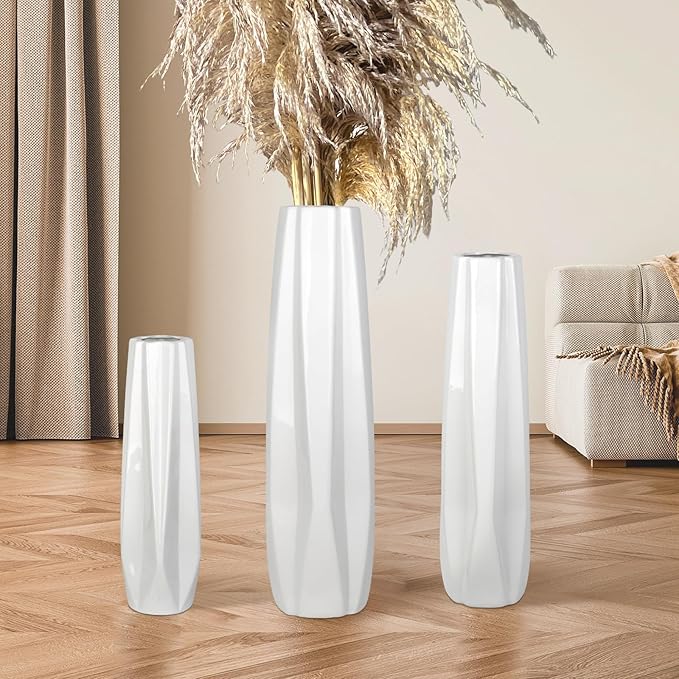 White Ceramic Floor Vase 28" – Origami Farmhouse Porcelain Tall Vase for Living Room & Office