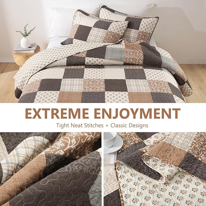 100% Cotton Quilt Set Queen Size - Plaid Quilted Comforter, Patchwork Reversible Queen Quilt Bedspread, Modern Farmhouse Lightweight Bedding for Queen Bed, 3pcs, Beige/Brown/Gray