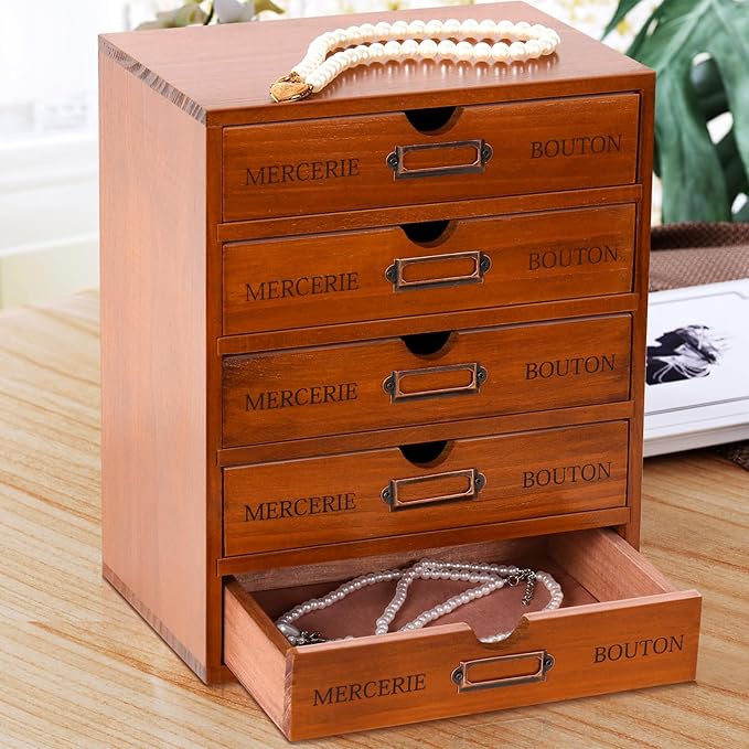 Wesiti 5 Drawer Apothecary Cabinet - Vintage Wooden Desk Organizer - Library Card Catalog Wood Storage Box - Office Desktop Dresser for Stationery, Thread Embroidery, Sewing, Crafts, Junk & Supplies