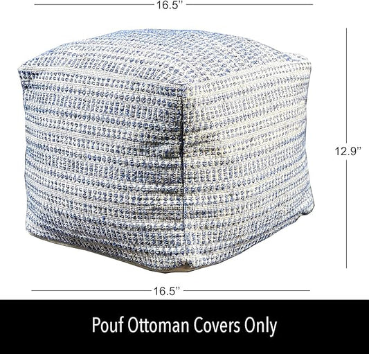 Chardin home UNSTUFFED Ottoman, Cozy & Bohemian Pouf Covers, Hand Crafted Casual Seating, Footrest, Square Floor Pillow for Home, Office, Bedroom, Living Room, 16.5" x 16.5"x 12.9", Blue-Off White