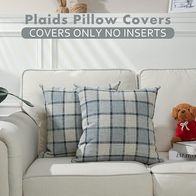 Stellhome Pack of 2 Linen Buffalo Check Decorative Throw Pillow Covers, Farmhouse Plaid Cushion Covers Rustic Retro Decor for Couch Sofa Living Room, 20x20 Inch, Light Grey