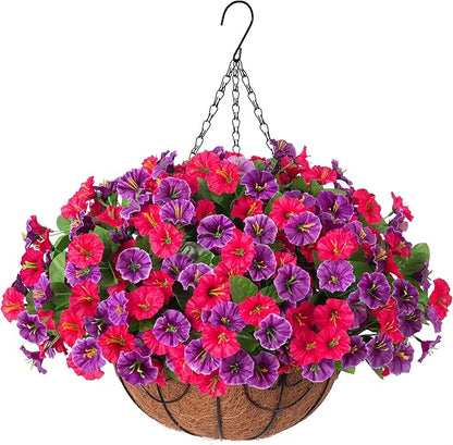 Artificial Fake Hanging Flowers with Basket, Faux Silk Morning Glory Flower Arrangement for Spring Summer Decor, Hanging Plant for Patio Garden Porch Outdoor Decor