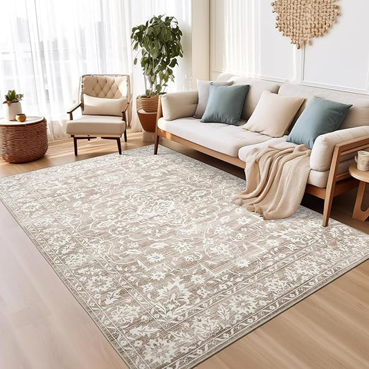 Area Rugs 4x6 for Living Room, Stain Resistant Neutral Washable Rugs for Dining Room, Kitchen, Floral Vintage Non-Slip Area Rug Farmhouse 4x6 Rug Light Brown