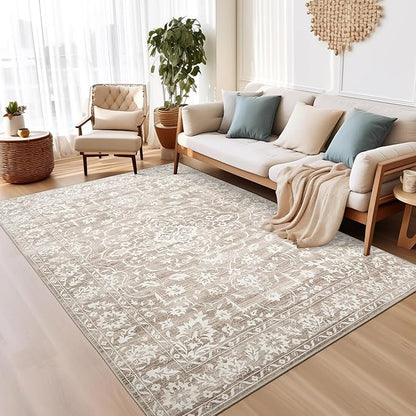 6x9 Area Rugs for Living Room, Stain Resistant Washable Rugs for Dining Room, Kitchen, Floral Vintage Non-Slip Thin Area Rug(Light Brown, 6'x9')