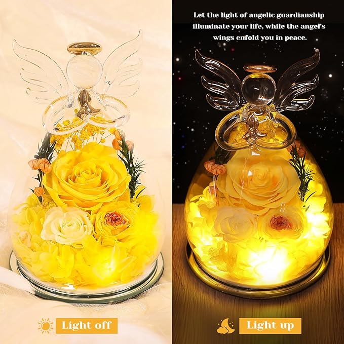 Gifts for Women Preserved Rose Forever Flower in Glass Angel Figurines Fresh Flowers for Delivery Prime Mothers Day Birthday Gifts for Mom Real Yellow Roses for Grandma Sister Wife Her from Daughter