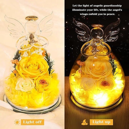 Gifts for Women Preserved Rose Forever Flower in Glass Angel Figurines Fresh Flowers for Delivery Prime Mothers Day Birthday Gifts for Mom Real Yellow Roses for Grandma Sister Wife Her from Daughter