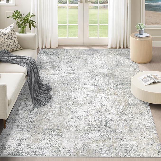 5x7 Area Rugs for Living Room, Washable Modern Abstract Large Area Rug Neutral Soft Non Slip Kids Rug Stain Resistant Indoor Carpet for Bedroom Nursery Dining Room Home Office(Beige Grey, 5'x7')