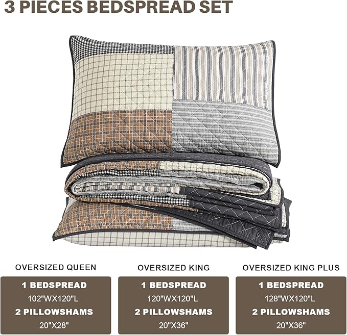 Oversized Quilt Bedspread 128"x120", 100% Cotton Patchwork Cal King Bedspreads Coverlet Set with Pillow Shams, Lightweight Quilted Farmhouse Bedding Cover, Brown/Beige/Gray