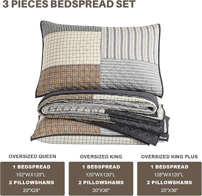 Oversized Quilt Bedspread 128"x120", 100% Cotton Patchwork Cal King Bedspreads Coverlet Set with Pillow Shams, Lightweight Quilted Farmhouse Bedding Cover, Brown/Beige/Gray