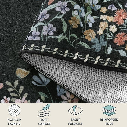 Lahome Boho Floral Black Washable 5x7 Area Rugs for Living Room, Non Slip Rugs for Bedroom, Indoor Throw Dining Room Carpet for Under Table Entryway Kitchen Office(Black,5x7)