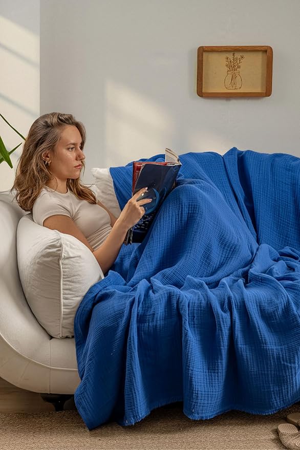 Muslin Blanket - Pure 100% Turkish Cotton Airy Soft Light Versatile Gauze Throw Blanket for Bed, Couch, Sofa (Blue, Queen XL Size (95" x 95" inch))