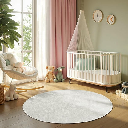 jinchan Solid Plush Round Rug 5ft Performance Shaggy Circle Rug 5' Round Washable Indoor Soft Modern Faux Wool Non Slip Carpet for Living Room Kids Room Bedroom Dining Room Ivory