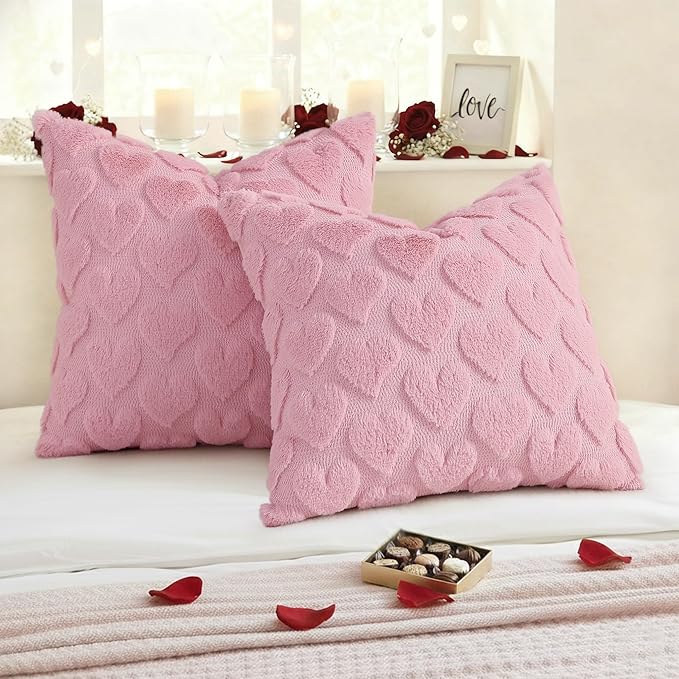 decorUhome Valentine’s Day Soft Plush Throw Pillow Covers 18x18 Inch Set of 2, Faux Fur Pink Heart Decoration Neutral Square Pillow Covers for Couch Sofa Bed Cozy Farmhouse Holiday Decor
