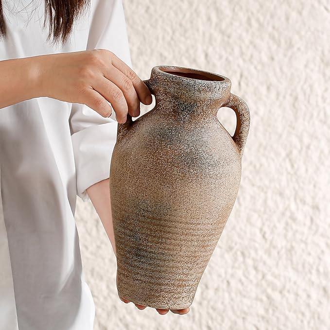Ceramic Rustic Flower Vase, 10.83 Inch Pottery Modern Vase for Shelf, Tabletop, Vintage Farmhouse Home Decor for Coffee Table, Living Room, Mantle, Fireplace, Entryway