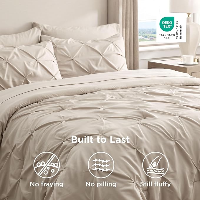 Bedsure Oversized Queen Comforter Set Beige - Bed in a Bag Bedding Set 7 Pieces, GentleSoft™ Pintuck Bed Set Gift for Family, Pinch Pleat All Season Comforter with Sheets, Pillowcases & Shams
