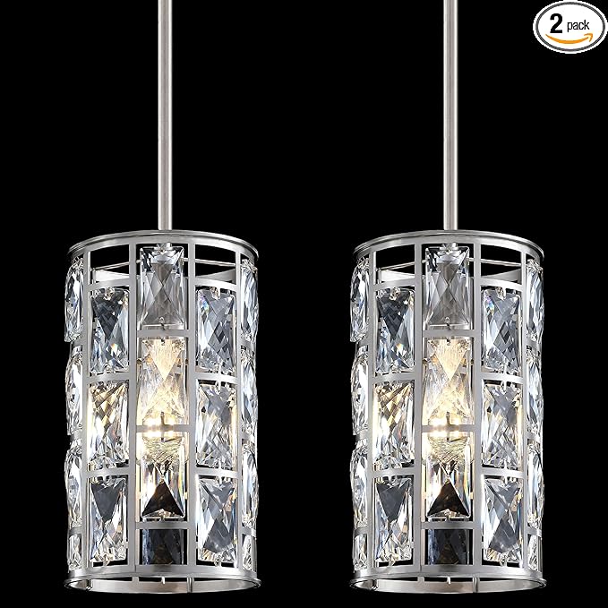 2 Pack 1 Light Hanging Kitchen Island 5.5" Crystal Modern Pendant Light Fixture,Brushed Nickel Finish with Crystal Shade for Bar,Dining Room,Corridor,Living Room Over Sink