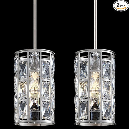 2 Pack 1 Light Hanging Kitchen Island 5.5" Crystal Modern Pendant Light Fixture,Brushed Nickel Finish with Crystal Shade for Bar,Dining Room,Corridor,Living Room Over Sink