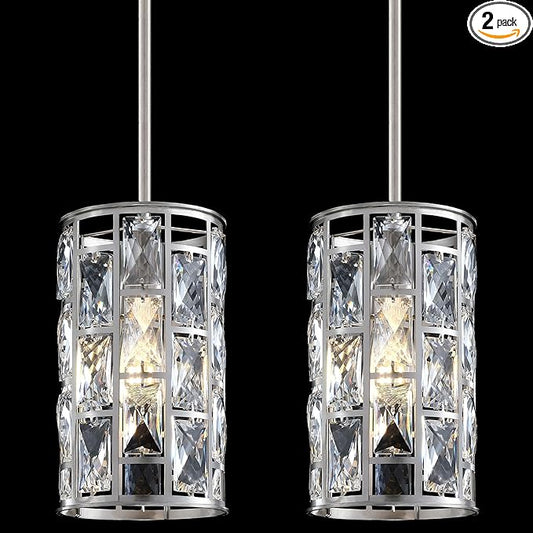 2 Pack 1 Light Hanging Kitchen Island 5.5" Crystal Modern Pendant Light Fixture,Brushed Nickel Finish with Crystal Shade for Bar,Dining Room,Corridor,Living Room Over Sink