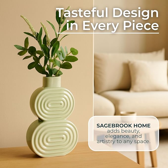 Sagebrook Home Boho Ceramic Vase - Textured Stoneware Decorative Accent for Home, Office, Bedroom & Living Room - Modern Minimalist Flower Holder - 10" Green