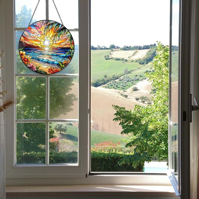 Beach Sunset Sun Catcher Stained Glass Window Hanging Beach Lovers Gifts for Women Wall Decor Landscape Decoration for Home Garden Housewarming Gifts