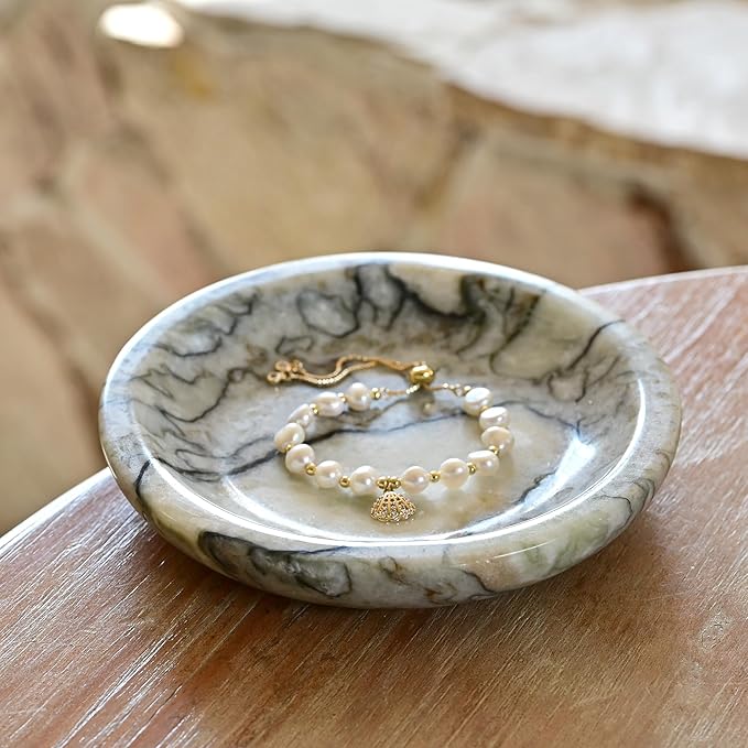 ZSHAWN Natural Cold Emerald Marble Ring Dish Jewelry Tray – 5.5" Trinket Dish for Rings Earrings Necklace, Scratch-Resistant Vanity Organizer, Elegant Gift for Women