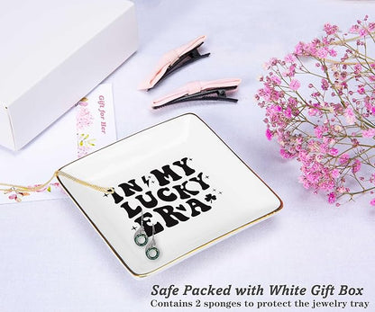 NZY Birthday Christmas Gifts for Best Friend,Sister,Bestie,Shamrock Lucky Charm Gifts-Pride Shamrock-St. Patricks Day Presents-Ceramic Jewelry Tray Trinket Holder Ring Dish-In My Lucky Era