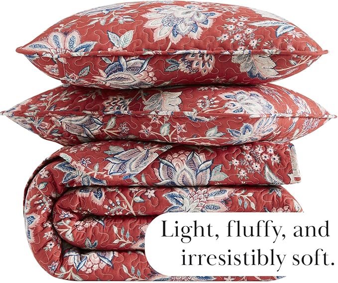 Southshore Fine Living, Inc. Oversized Full/Queen Quilt Bedding Set, Jacobean Willow Floral Quilt Set Queen or Full Size with 2 Matching Pillow Shams, Lightweight Bedspread, Soft and Cozy, Red