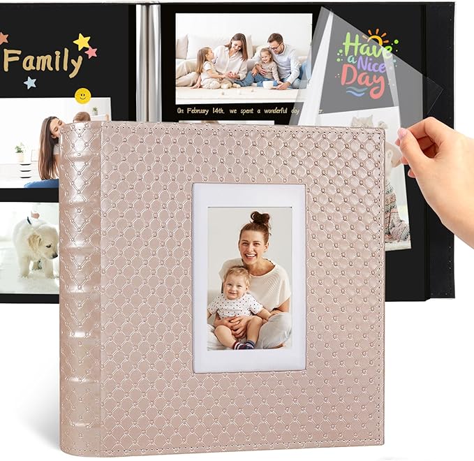 RECUTMS Photo Album 60 Pages Black Inner Button Grain Leather for 4x6 5x7 8x10 pictures DIY Scrap Photo Book Baby Family Wedding Anniversary Self Adhesive Handmake Picture Album（Pink）