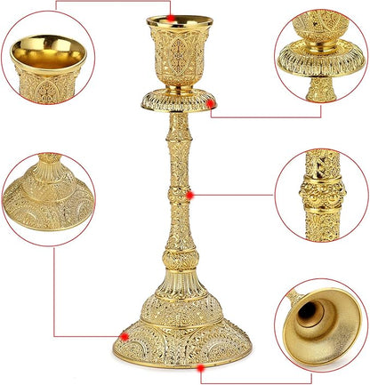 OwnMy Set of 2 Taper Candle Holders Vintage Metal Pillar Candlestick Holders 7.4”, Elegant Brass Candle Stick Holders Decor Candelabra Set for Dining Table Centerpieces Wedding Home Decoration, Gold