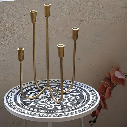 Iron Tabletop Candelabra, Hand-Forged 5-Candle Cast Iron Candle Holder with Elegant Muted Vintage Gold Finish for Dining Room, Living Room, Mantel