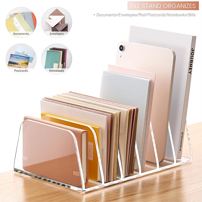 YUXUN Desk File Organizer,6-Section Acrylic Desk Organizer,Vertical File Sorter Holder Organization for Office School & Classroom (Clear - 1Pack)