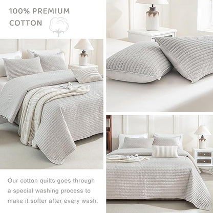 Sanracie Stonewashed Oversized King Quilt(120"x120"), Cotton Light Wheat Color Cross Stitch Pattern California King Quilt Set 3Pcs Ultra Soft Lightweight Crinkle Bed Coverlet Set for All Season