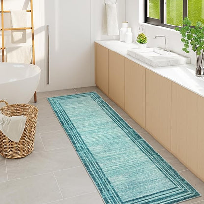 Lahome Abstract Runner Rug,Teal 2.5x8 Runners for Hallways Washable Non-Slip Kitchen Rug Runner,Low-Pile Soft Entryway Runner Rug Minimalist Solid Indoor Carpet Runner for Bedroom Laundry Bathroom