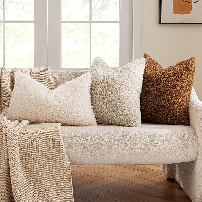 MIULEE Pack of 2 Faux Fur Throw Pillow Covers 18x18 Inch Neutral White Boucle Decorative Sherpa Pillow Covers Fuzzy Accent Soft Sheepskin Fleece for Boho Home Decor Sofa Living Room Couch Bed