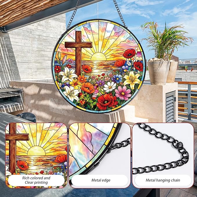 Rngmsi Cross Stained Glass Window Hanging, 8 Inch Wildflower Sunset Sun Catcher Gift, Religious Easter Faith Christian Gifts for Wall Art Landscape Hanging Home Decor