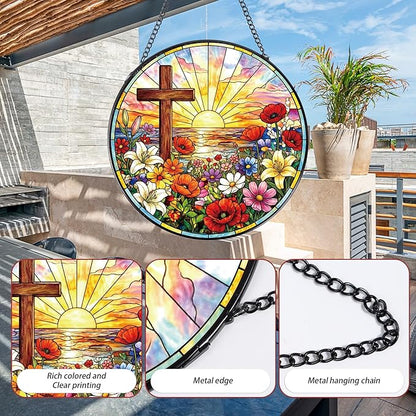 Rngmsi Cross Stained Glass Window Hanging, 8 Inch Wildflower Sunset Sun Catcher Gift, Religious Easter Faith Christian Gifts for Wall Art Landscape Hanging Home Decor