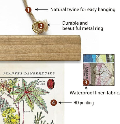 XIAOAIKA Vintage Botany Poster with Wooden Frame, Antique Poisonous Plants Chart - Botanical Educational Art with Dangerous Species - Retro-Style Wall Hanging for Home Classroom Decor 12 x 16 Inches