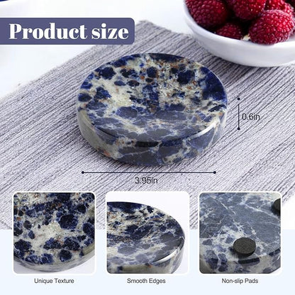 Koville Marble Jewelry Dish, Small Round Trinket Dish for Ring Necklace Earring, 4" Decorative Dish, Aesthetic Home Table Decor, Natural Stone Soap Dish for Bathroom Kitchen((Blue)