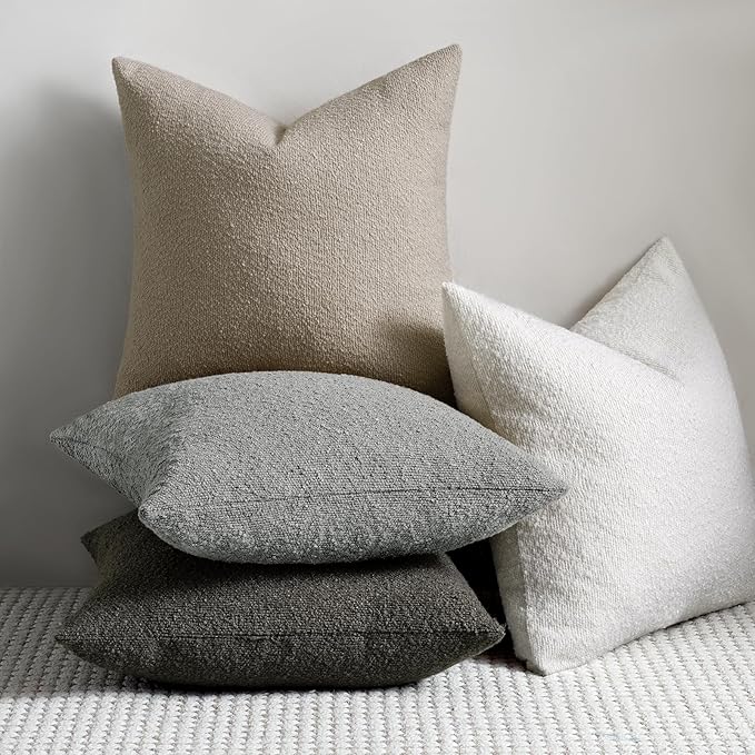 Throw Pillow Covers 20 x 20 Inch Set of 2, Accent Soft Boucle Textured Pillow Cover, Decorative Solid Color Cozy Cushion Pillow Case for Couch Bedroom Sofa Living Room Home Decor, Oatmeal