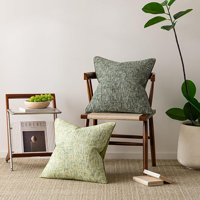 a moment Green Reversible Pillow Covers 2 Pack - Farmhouse Chenille Throw Pillows, Neutral Textured Decorative Throw Pillow Covers with Border for Couch Sofa Bed (20x20 Inch, No Insert)