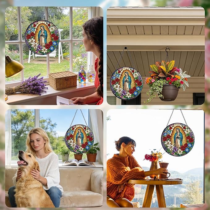 Rngmsi Stained Glass Window Hanging, Our Lady of Guadalupe Sun Catcher Gift, Religious Christian Gifts for Wall Art Landscape Hanging Home Decor 8 Inch