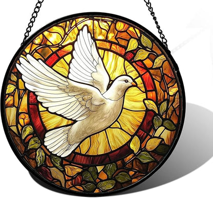 DASTOLL Stained Glass Window Hanging, Flying White Dove Sun Catchers Diamond Glass Panel Hangings Cute Birds Suncatcher Decor for Birthday for Women, Men, Wife, Aunt, and Mom 11.8 in